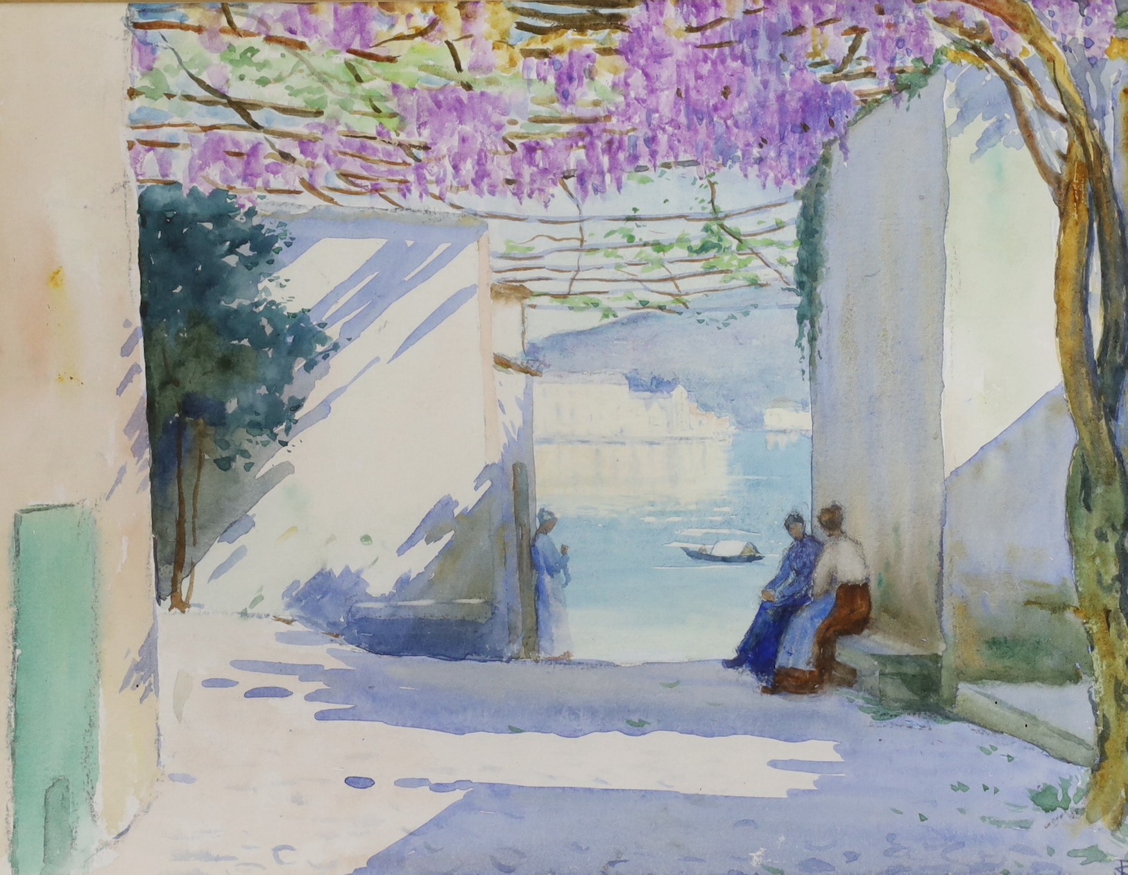 JFC, watercolour, Mediterranean viewed from a wisteria terrace, monogrammed, 22 x 29cm